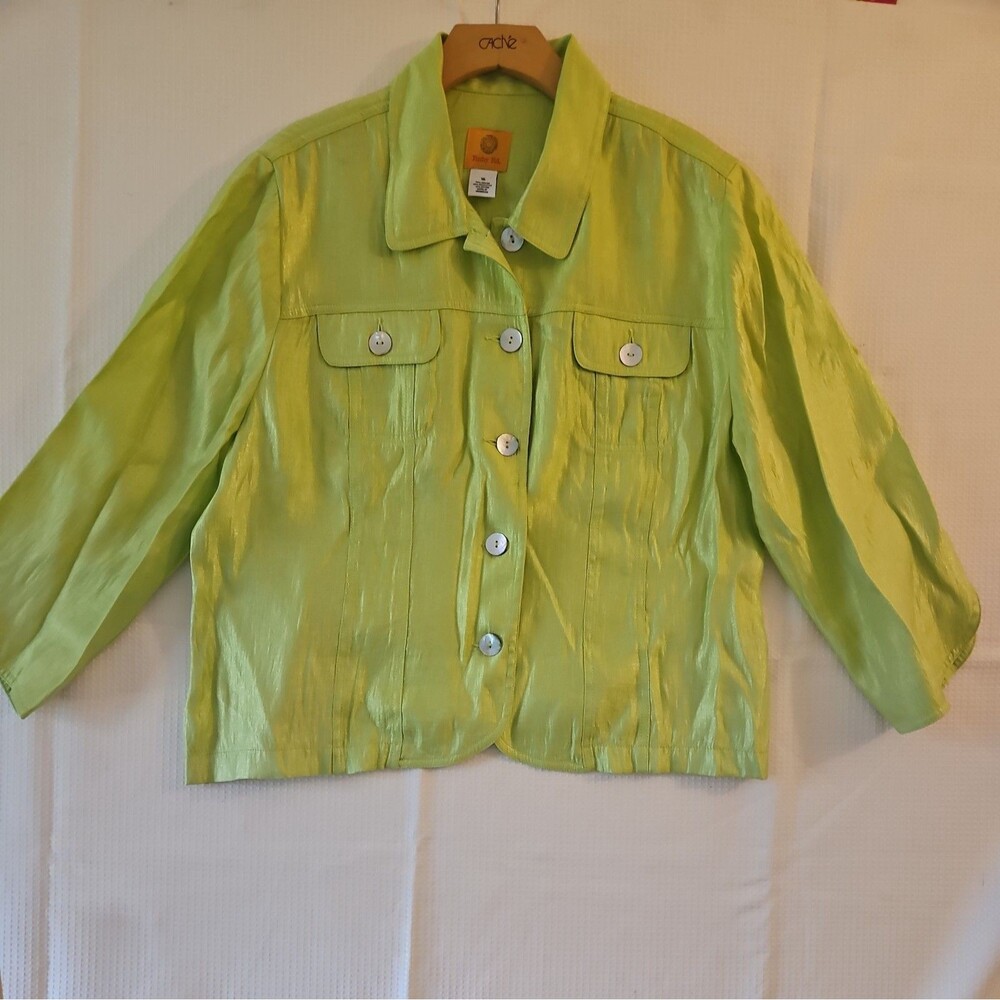 Ruby Rd. Women's 16 Green Jacket Button Front Pockets Contrast Stitching Short
